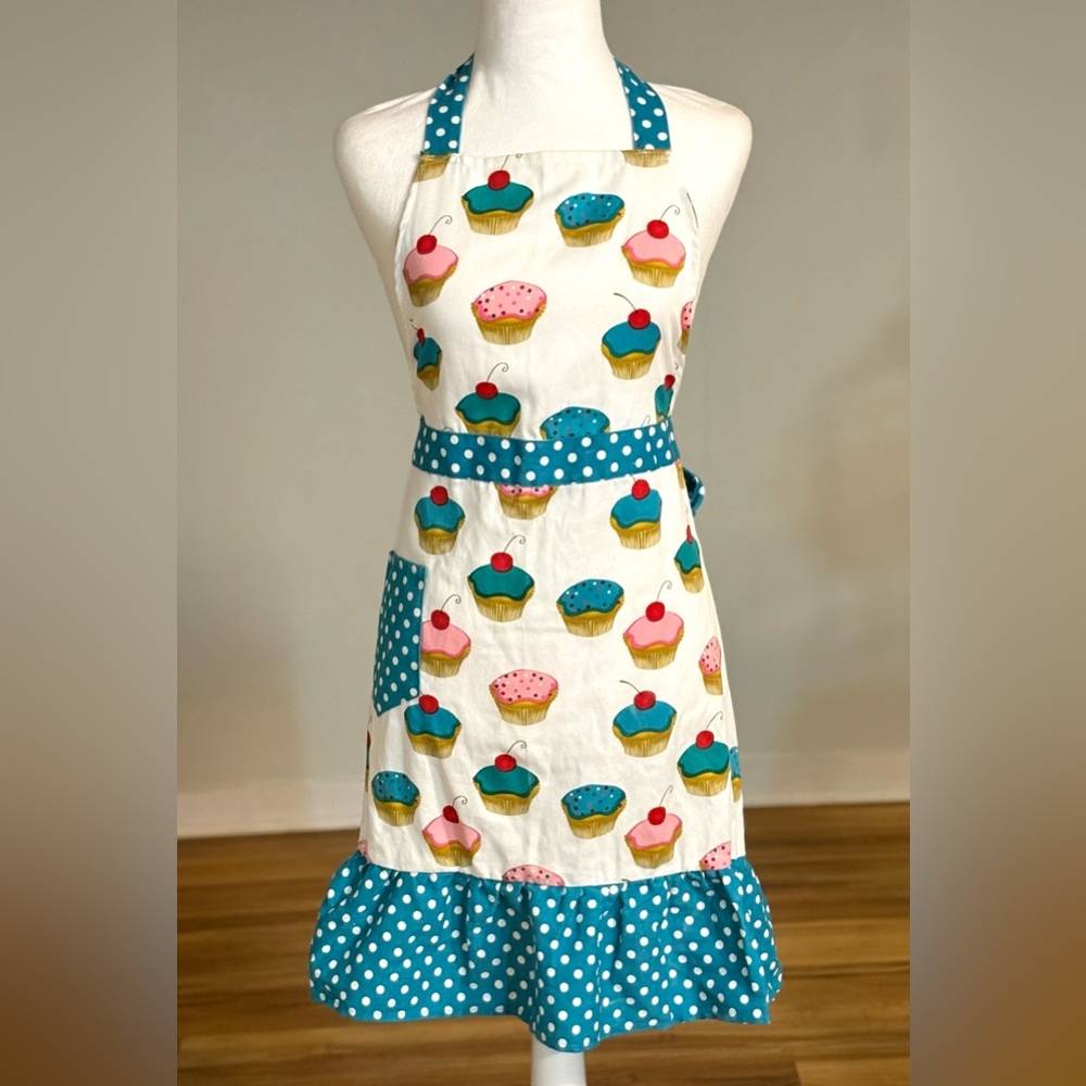 1950’s Inspired Apron, Cupcake Polka Dot with Ruffles and Cherries